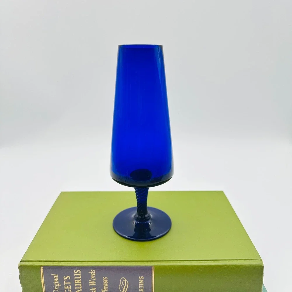 Cobalt Blue Art Glass Vase with Twisted Stem MCM Style 8